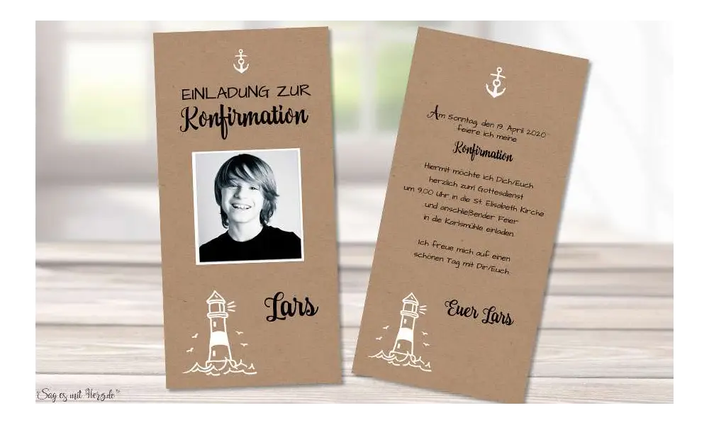Einladungskarten Konfirmation Vintage Stil naturell Kraftpapier mit Foto Junge modern Lechtturm