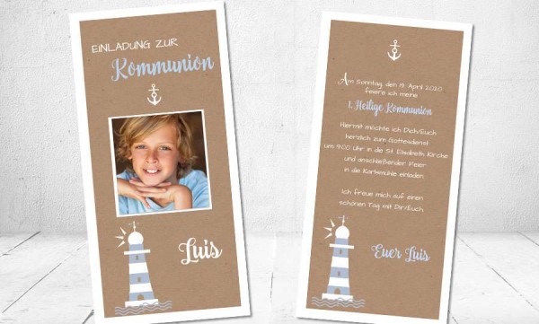 Einladungskarten Kommunion Vintage Stil naturell Kraftpapier mit Foto Junge Leuchtturm