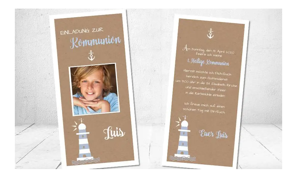 Einladungskarten Kommunion Vintage Stil naturell Kraftpapier mit Foto Junge Leuchtturm