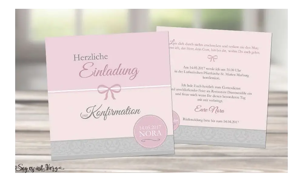 Einladung Kommunion rosa grau Einladungskarten ohne Foto Mädchen quadrat