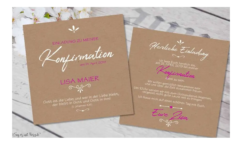 Einladungskarten Konfirmation Vintage Stil naturell Kraftpapier ohne Foto Mädchen pink rosa quadratisch