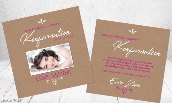 Einladungskarten Kommunion Vintage Stil naturell Kraftpapier mit Foto Mädchen pink rosa quadratisch