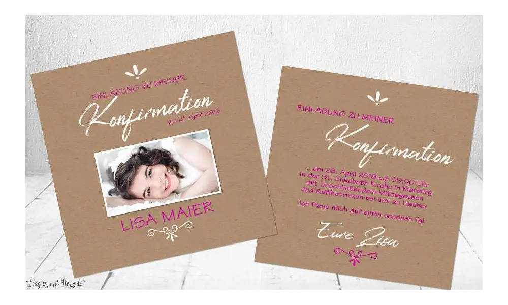 Einladungskarten Kommunion Vintage Stil naturell Kraftpapier mit Foto Mädchen pink rosa quadratisch