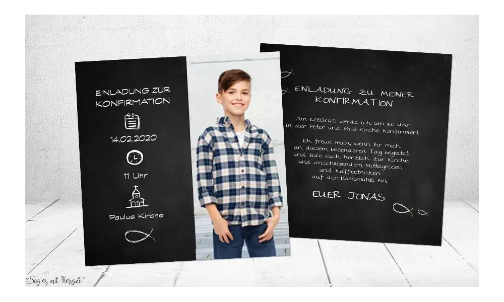 Einladungskarten Konfirmation Christliche Symbole Vintage Stil Tafellook modern quadratisch Quadrat mit Foto
