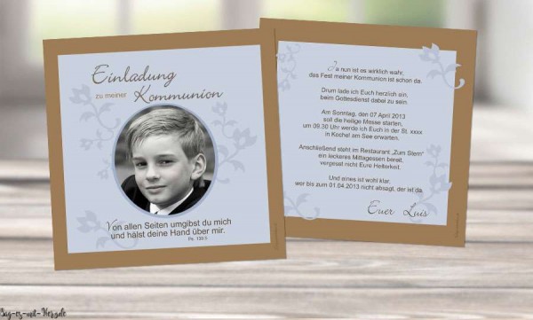 Einladungskarten Kommunion modern quadratisch mit Foto Quadrat Vintage Junge
