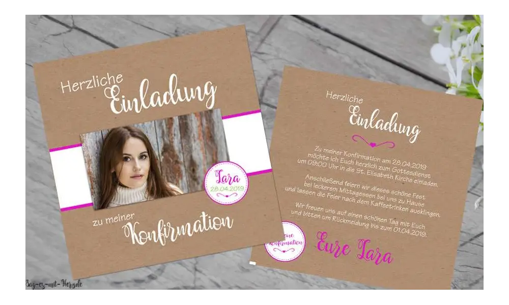 Einladungen Konfirmation Vintage Stil Kraftpapier mit Foto modern