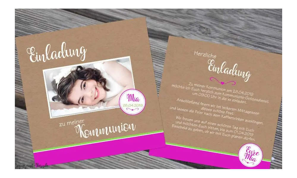Einladungen Kommunion Vintage Stil Kraftpapier mit Foto modern quadratisch Quadrat Mädchen