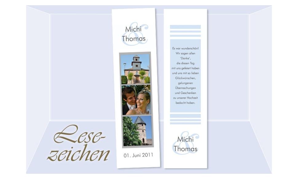 Danksagung Hochzeit, Lesezeichen / Karte "Streifenglanz", weiß hellblau