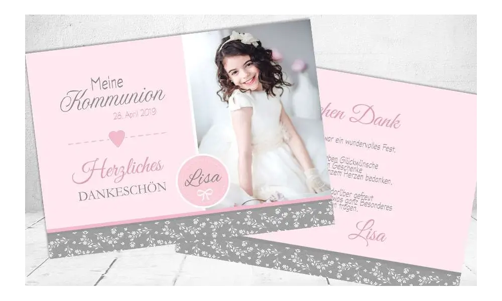Danksagungskarte Kommunion Mädchen rosa grau Vintage Spitze Postkarte