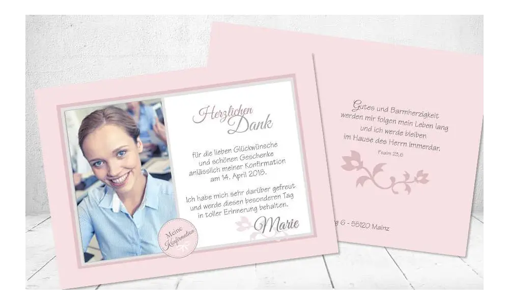 Dankeskarte Konfirmation rosa Mädchen Postkarte
