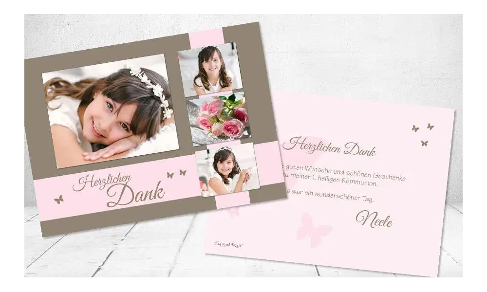 Dankeskarte Postkarte Kommunion Mädchen rosa viele Fotos
