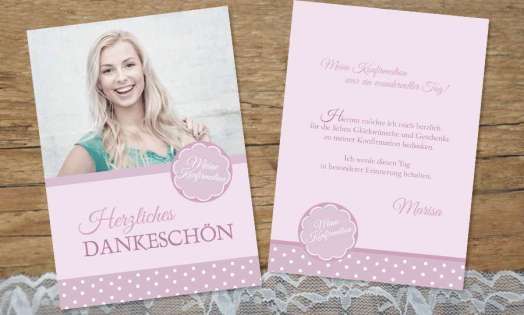 Dankeskarten Konfirmation rosa Mädchen Postkarte