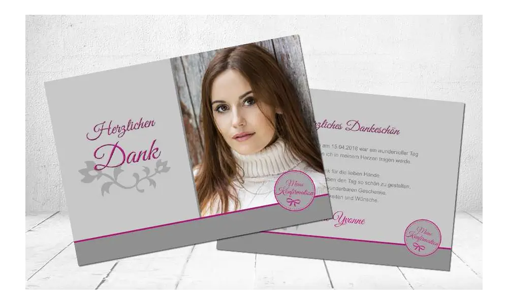 Dankeskarte Konfirmation grau rosa pink modern Postkarte