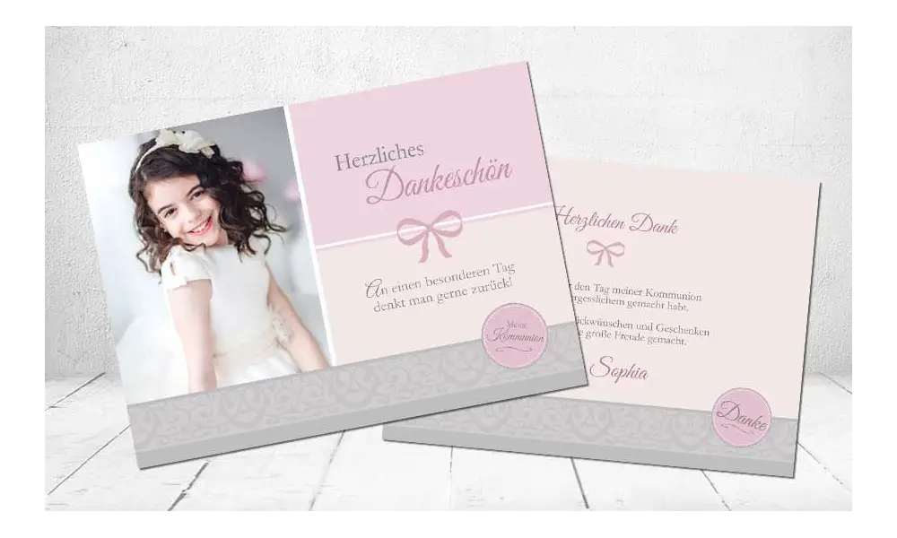 Dankeskarten Kommunion rosa grau Schleife Postkarte Mädchen