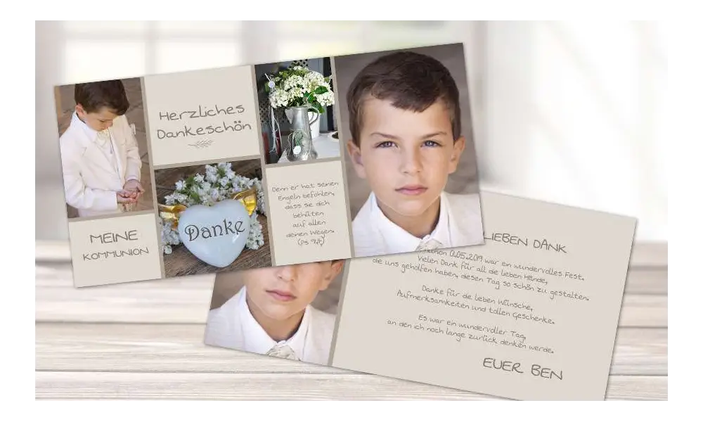 Danksagungskarte Junge Kommunion taupe grau beige viele Fotos Postkarte Fotocollage