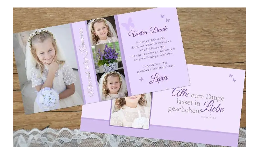 Dankeskarten Kommunion flieder lila Postkarte länglich Mädchen Schmetterling