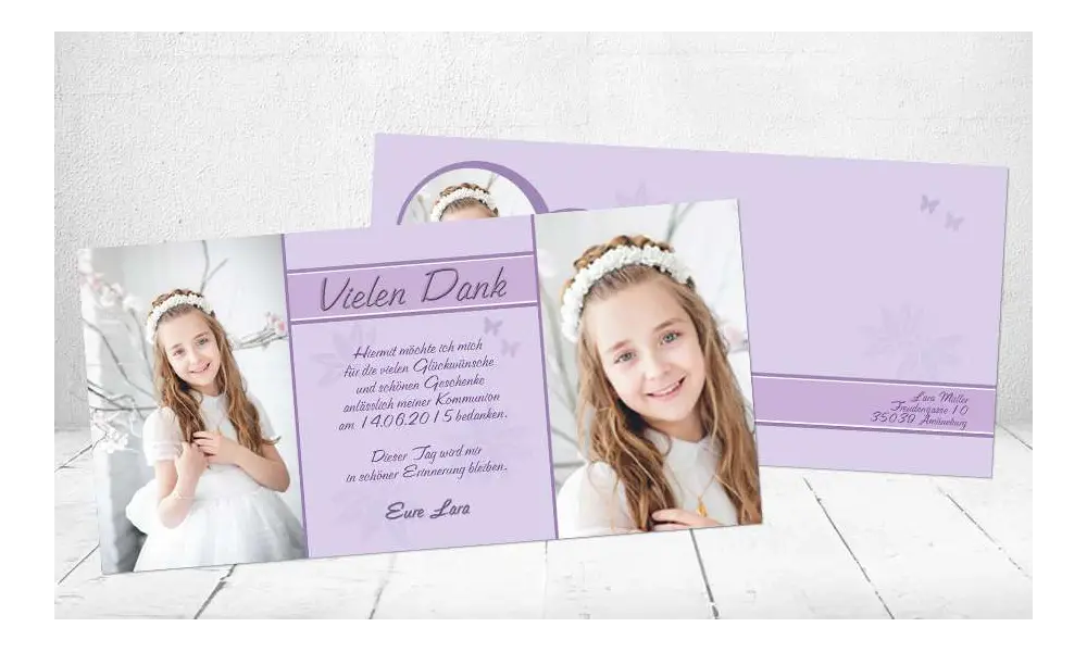 Danksagungskarte Kommunion Mädchen flieder lila Konfirmation