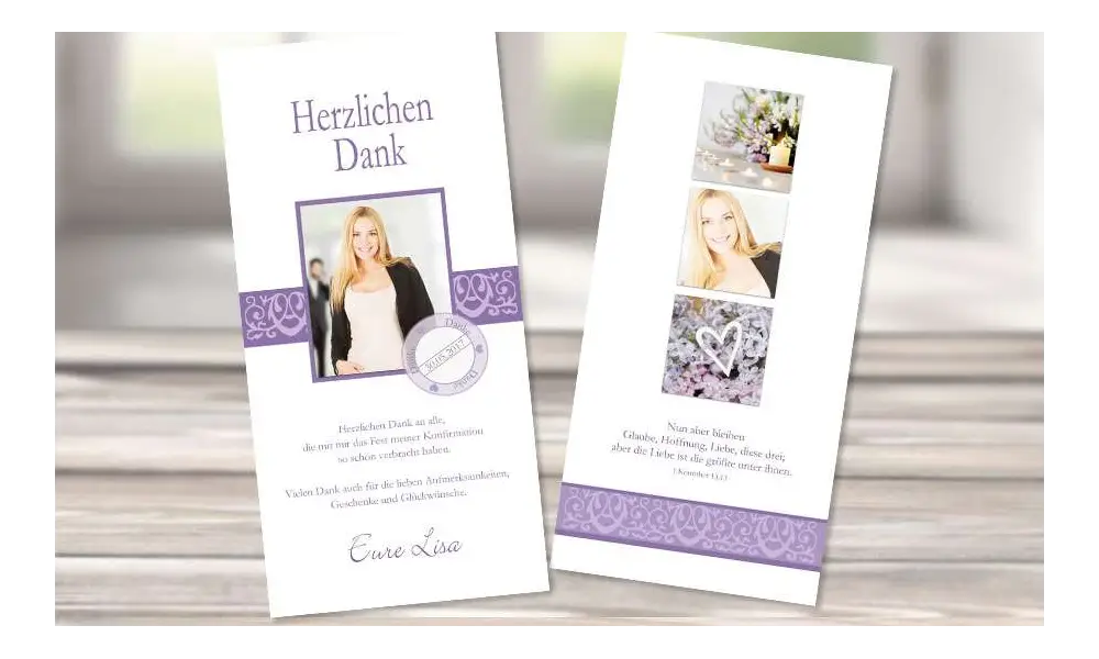 Danksagungskarte Konfirmation flieder lila länglich modern