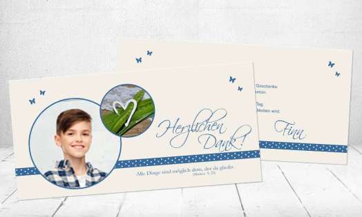 Danksagungskarte Kommunion blau