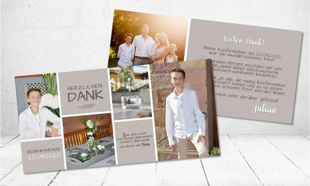 Danksagungskarte Konfirmation taupe modern viele Fotos Fotocollage
