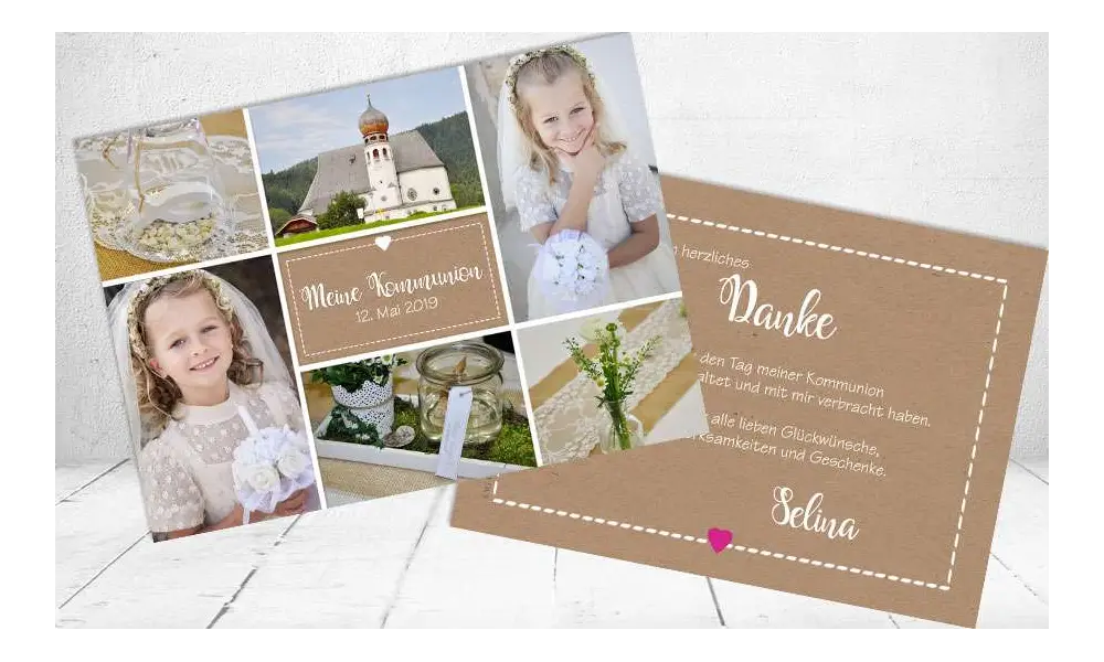 Vintage Dankeskarte Kommunion Kraftpapier Natur Postkarte viele Fotos
