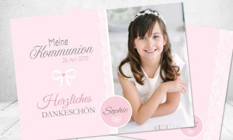 Dankeskarte Kommunion rosa grau modern edel Schleife Postkarte