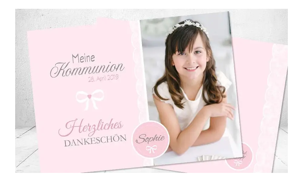 Dankeskarte Kommunion rosa grau modern edel Schleife Postkarte