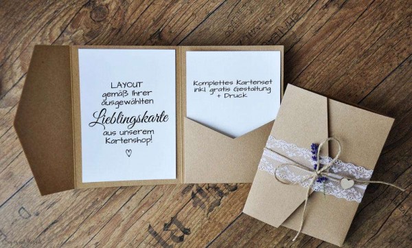 Pocketfold Hochzeitseinladungen diy Kraftpapier Spitze weiß Einladungskarten Hochzeit