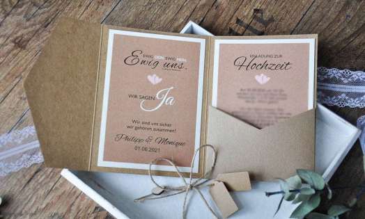 Pocketfold Hochzeitseinladungen diy Kraftpapier Spitze weiß Einladungskarten Hochzeit