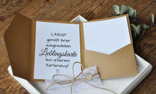 Pocketfold Hochzeitseinladungen diy Kraftpapier Spitze weiß Einladungskarten Hochzeit