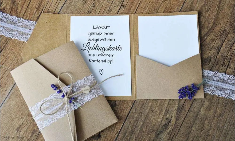 Pocketfold Hochzeitseinladungen diy Kraftpapier weiße Spitze Einladungskarten Hochzeit