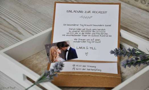 Einladungskarten Hochzeit Pocketfold Kraftpapier Vintage Spitze mit Foto