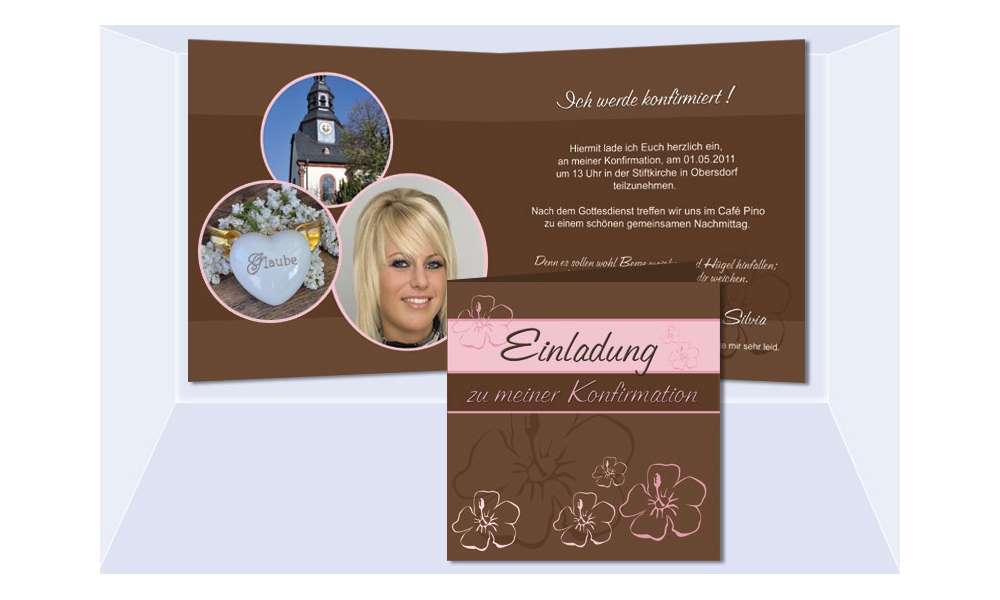 Einladung Kommunion / Konfirmation, Klappkarte 12,5x12,5 cm, braun rosa Einladung Kommunion / Konfirmation, Klappkarte 12,5x12,5 cm, braun rosa