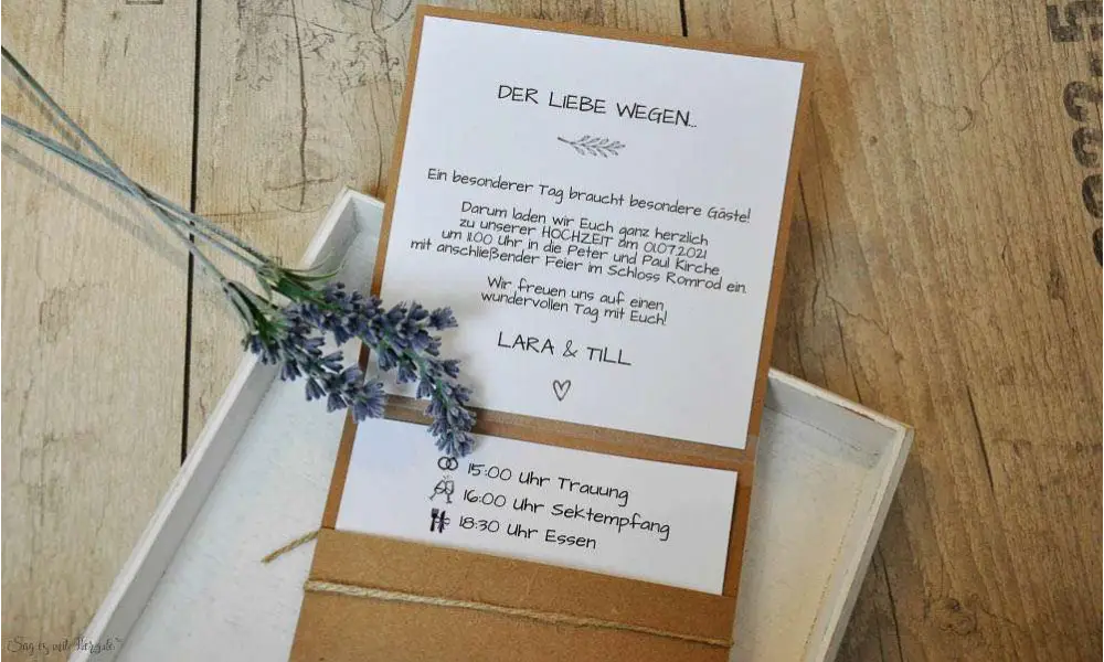 Einladungskarten Hochzeit Pocketfold Kraftpapier Vintage Spitze mit Foto