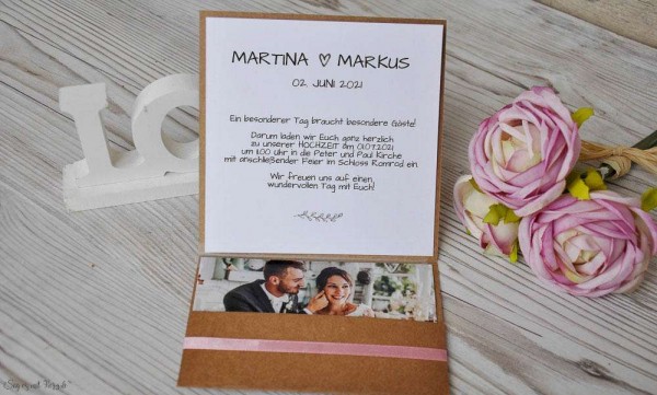 Einladungskarten Hochzeit Pocketfold Kraftpapier Vintage Spitze mit Foto