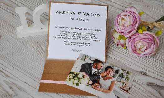 Einladungskarten Hochzeit Pocketfold Kraftpapier Vintage Spitze mit Foto