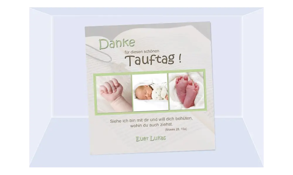 Danksagung Taufe "Lukas", Taufkarte, Fotokarte 10x10 cm, beige