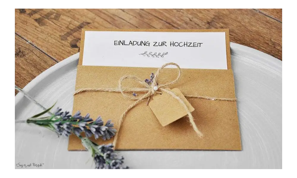 Einladungskarten Hochzeit Pocketfold Kraftpapier Vintage Spitze mit Foto