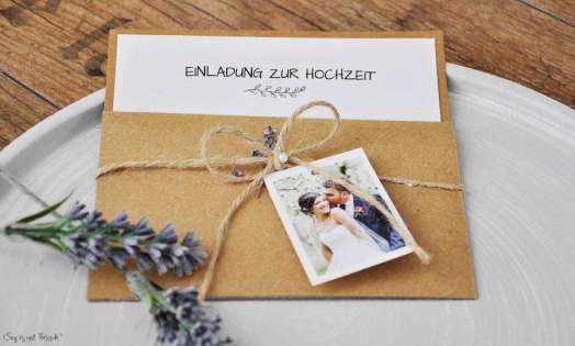 Einladungskarten Hochzeit Pocketfold Kraftpapier Vintage Spitze mit Foto