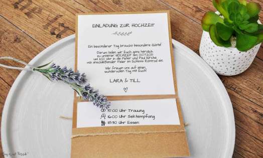 Einladungskarten Hochzeit Pocketfold Kraftpapier Vintage Spitze mit Foto