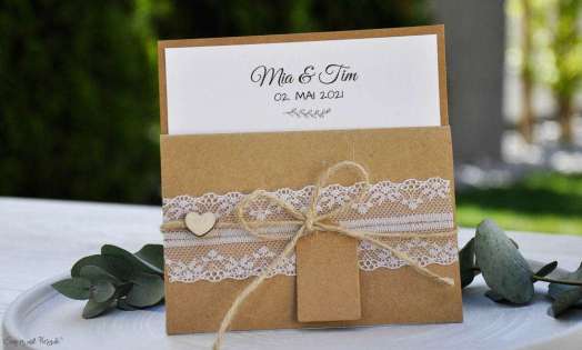 Einladungskarten Hochzeit Pocketfold Kraftpapier Vintage Spitze mit Foto