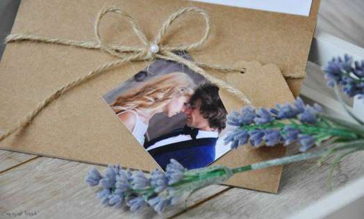 Einladungskarten Hochzeit Pocketfold Kraftpapier Vintage Spitze mit Foto