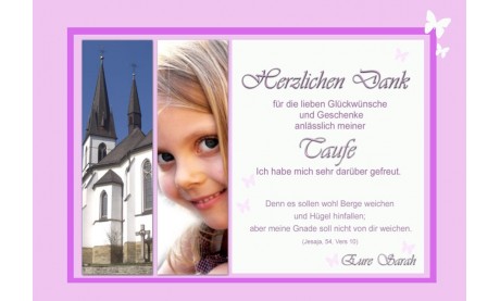 Danksagung Taufe "Sarah", Taufkarte, Fotokarte 10x15 cm, rosa