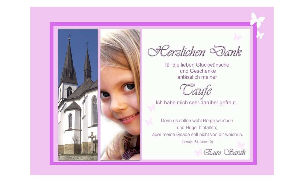 Danksagung Taufe "Sarah", Taufkarte, Fotokarte 10x15 cm, rosa