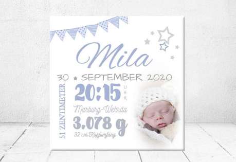 Geschenk Geburt personalisiert Baby Wandbild Geburtsdaten Leinwand Junge Mädchen Kinderzimmer mit Foto