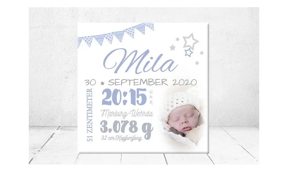 Geschenk Geburt personalisiert Baby Wandbild Geburtsdaten Leinwand Junge Mädchen Kinderzimmer mit Foto