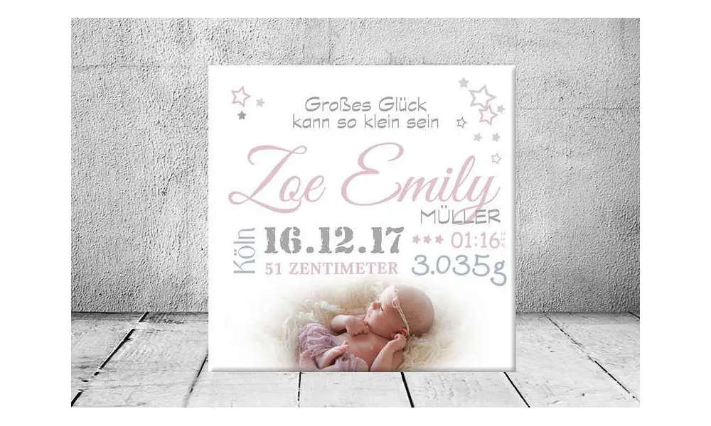 Geschenk Geburt personalisiert Baby Wandbild Geburtsdaten Leinwand Junge Mädchen Kinderzimmer Sterne