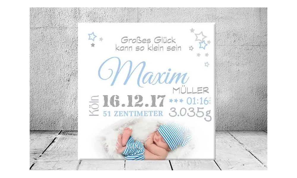 Geschenk Geburt personalisiert Baby Wandbild Geburtsdaten Leinwand Junge Mädchen Kinderzimmer Sterne