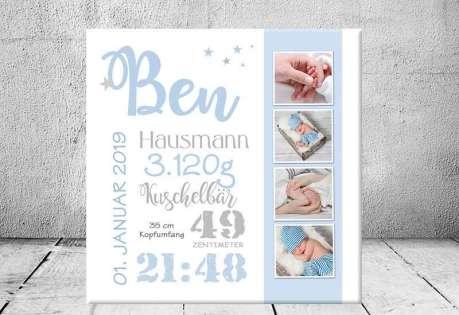 Geschenk Geburt personalisiert Baby Wandbild Geburtsdaten Leinwand Junge Mädchen Kinderzimmer Sterne