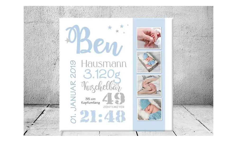 Geschenk Geburt personalisiert Baby Wandbild Geburtsdaten Leinwand Junge Mädchen Kinderzimmer Sterne